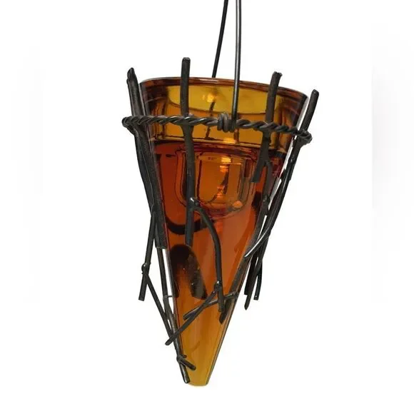 Vintage Mid Century Modern Wrought Iron Tree w/Amber Glass Cone Candle Holder - Picture 6 of 11